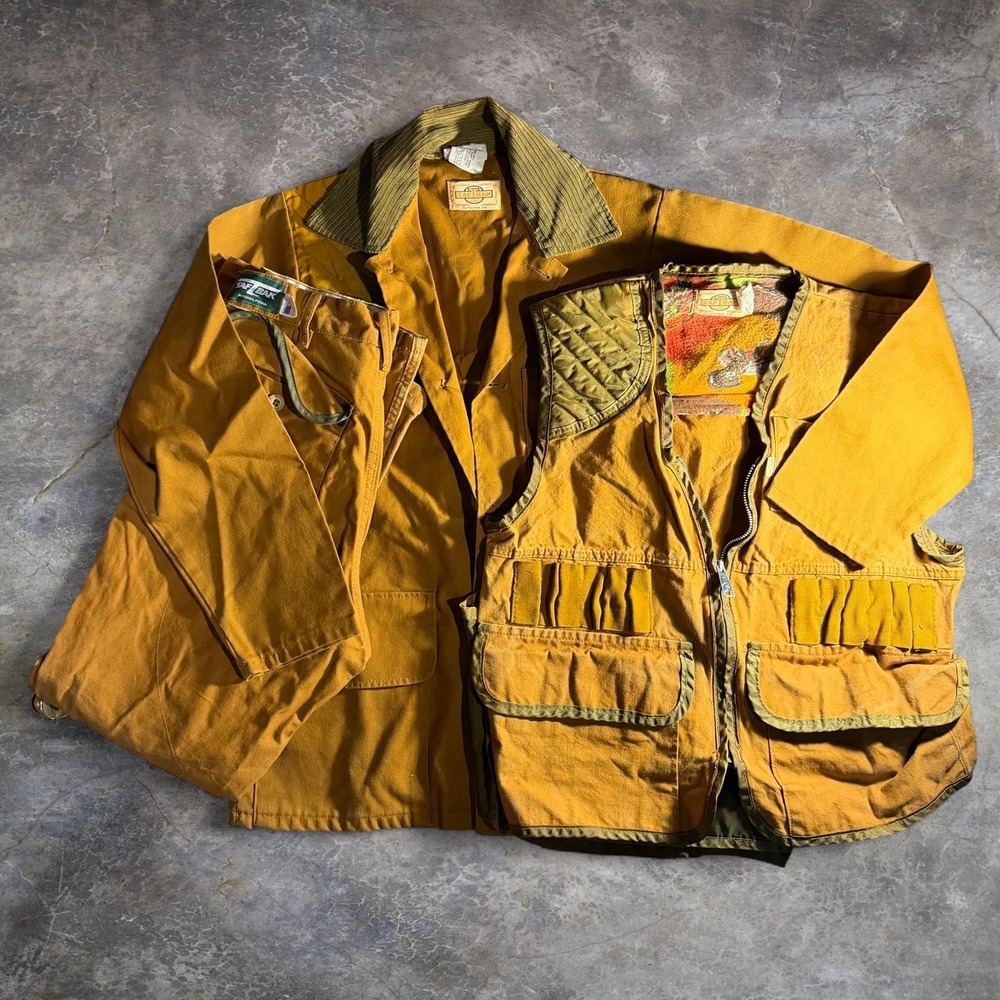 Vintage Saf-T-Bak Hunting Outfit 3 Piece Jacket Vest Pants USA Brown Canvas Mens